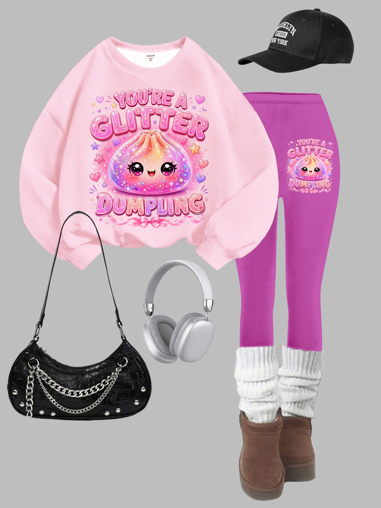 Pink Dopamine Glitter Squeeze Toy Bun Print, "You're A Shiny Little Dumpling" Girls' Casual Comfortable Soft Loose Pullover Sweatshirt And Leggings 2 Pieces Set, New For Autumn/Winter, Suitable For Daily Wear, Outings, Sports, Playful Sweet Cool Style, Fashionable Energetic School Style, Personalized Relaxed Fashion, Cyber Sweetheart, Y2K - Multicolor - View 2