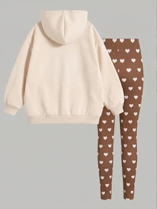 Kids Tween Girls Hooded Drop Shoulder Autumn Sweatshirt & Fitted Leggings 2 Pieces Set With Thermal Lining - Multicolor - View 2