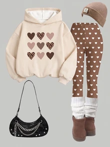 Kids Tween Girls Hooded Drop Shoulder Autumn Sweatshirt & Fitted Leggings 2 Pieces Set With Thermal Lining - Multicolor - View 3