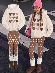 Kids Tween Girls Hooded Drop Shoulder Autumn Sweatshirt & Fitted Leggings 2 Pieces Set With Thermal Lining - Multicolor - View 1