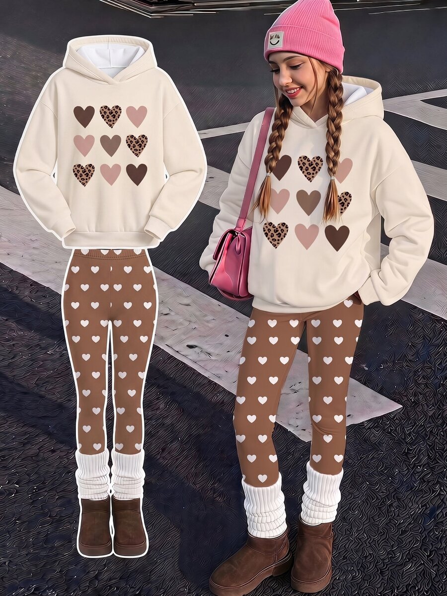 Kids Tween Girls Hooded Drop Shoulder Autumn Sweatshirt & Fitted Leggings 2 Pieces Set With Thermal Lining - Multicolor - View 1