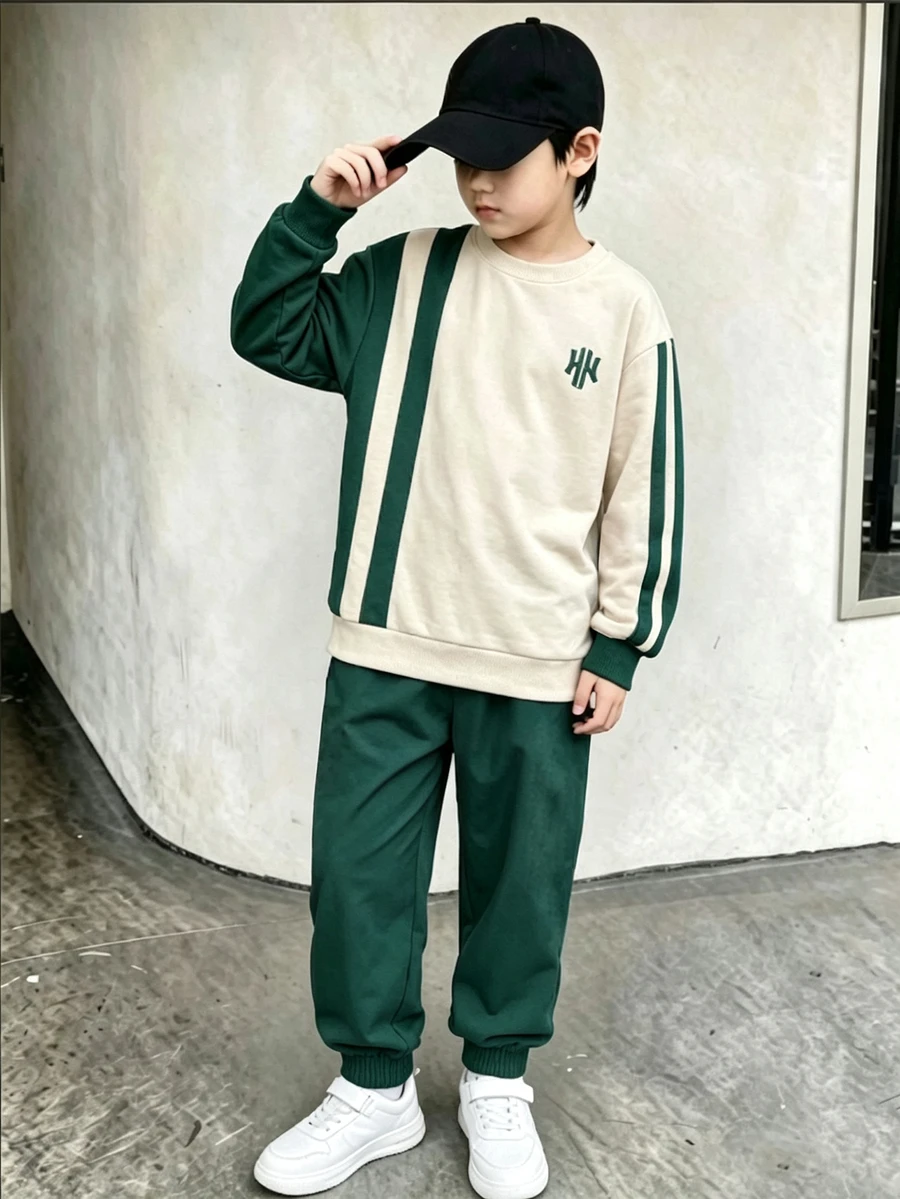 Boys' Colorblock Striped Sweatshirt Set, Fashionable Contrast Design For Handsome Outfit, Suitable For Daily Wear, Outings And School, Creating Casual Look For Boys - Multicolor - View 1