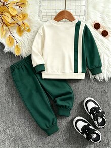 Boys' Colorblock Striped Sweatshirt Set, Fashionable Contrast Design For Handsome Outfit, Suitable For Daily Wear, Outings And School, Creating Casual Look For Boys - Multicolor - View 2