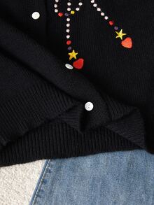 SHEIN Tween Girl Fashion Casual Sweet Star Pattern Knit Cardigan - Black - View 6