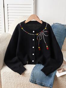 SHEIN Tween Girl Fashion Casual Sweet Star Pattern Knit Cardigan - Black - View 1