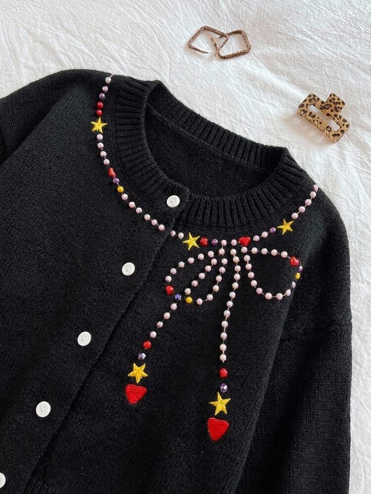 SHEIN Tween Girl Fashion Casual Sweet Star Pattern Knit Cardigan - Black - View 8