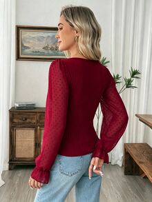 SHEIN Women's Spring/Autumn Lantern Long Sleeve T-Shirt, Fashionable Elegant Commute Ribbed Knit T-Shirt - Burgundy - View 4