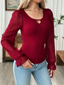 SHEIN Women's Spring/Autumn Lantern Long Sleeve T-Shirt, Fashionable Elegant Commute Ribbed Knit T-Shirt - Burgundy - View 7