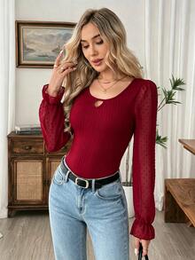 SHEIN Women's Spring/Autumn Lantern Long Sleeve T-Shirt, Fashionable Elegant Commute Ribbed Knit T-Shirt - Burgundy - View 5
