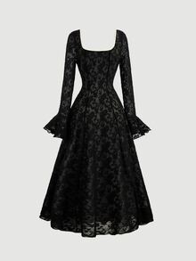 SHEIN MOD 女款黑色花卉哥德風長袖中長 A 字蕾絲晚禮服，優雅復古荷葉邊袖口透視正式雞尾酒會禮服，適合秋季、萬聖節 - 黑色 - 查看 3