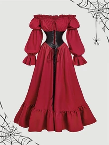 SHEIN MOD Gaun Panjang Korset Pinggang Kontras Gaya Goth Vintage Merah Tua, Gaya Barok Renaisans Victoria, Bahu Terbuka, Gaya Petani, Cocok untuk Pesta Prom, Musim Gugur, Pesta, Halloween - Merah dan hitam - View 6
