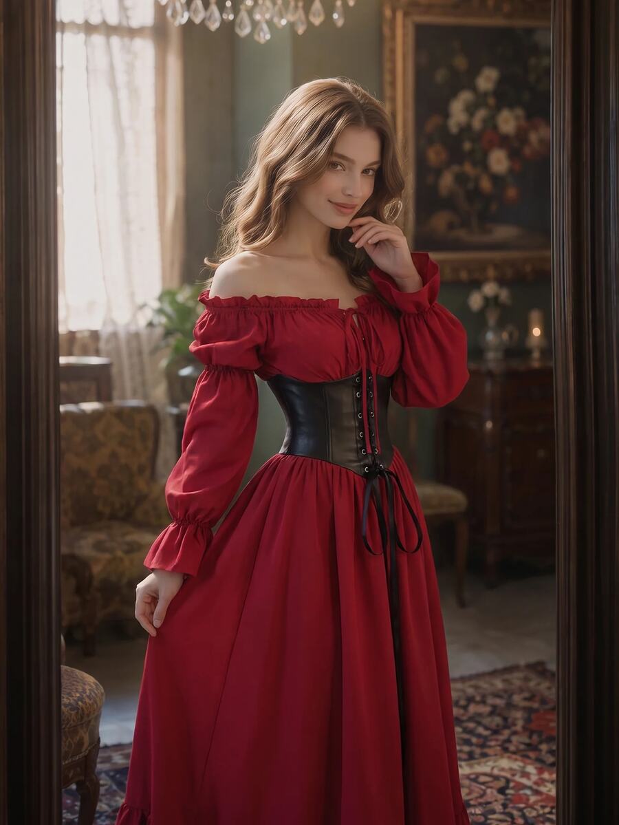 SHEIN MOD Gaun Panjang Korset Pinggang Kontras Gaya Goth Vintage Merah Tua, Gaya Barok Renaisans Victoria, Bahu Terbuka, Gaya Petani, Cocok untuk Pesta Prom, Musim Gugur, Pesta, Halloween - Merah dan hitam - View 1