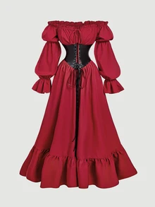 SHEIN MOD Gaun Panjang Korset Pinggang Kontras Gaya Goth Vintage Merah Tua, Gaya Barok Renaisans Victoria, Bahu Terbuka, Gaya Petani, Cocok untuk Pesta Prom, Musim Gugur, Pesta, Halloween - Merah dan hitam - View 5