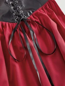 SHEIN MOD Gaun Panjang Korset Pinggang Kontras Gaya Goth Vintage Merah Tua, Gaya Barok Renaisans Victoria, Bahu Terbuka, Gaya Petani, Cocok untuk Pesta Prom, Musim Gugur, Pesta, Halloween - Merah dan hitam - View 3