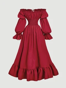 SHEIN MOD Gaun Panjang Korset Pinggang Kontras Gaya Goth Vintage Merah Tua, Gaya Barok Renaisans Victoria, Bahu Terbuka, Gaya Petani, Cocok untuk Pesta Prom, Musim Gugur, Pesta, Halloween - Merah dan hitam - View 2