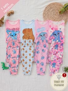 Tween女孩春秋長袖修身居家服套裝，卡通字母印花可愛大圖案上衣搭配滿版針縫愛心印花長褲，休閒舒適睡衣睡褲，2件套居家與戶外穿著 - 粉色 - 查看 1