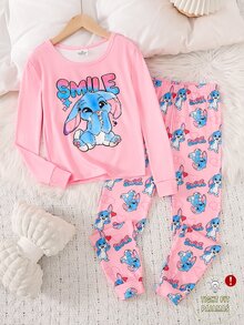 Tween女孩春秋長袖修身居家服套裝，卡通字母印花可愛大圖案上衣搭配滿版針縫愛心印花長褲，休閒舒適睡衣睡褲，2件套居家與戶外穿著 - 粉色 - 查看 3