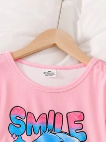 Tween女孩春秋長袖修身居家服套裝，卡通字母印花可愛大圖案上衣搭配滿版針縫愛心印花長褲，休閒舒適睡衣睡褲，2件套居家與戶外穿著 - 粉色 - 查看 5