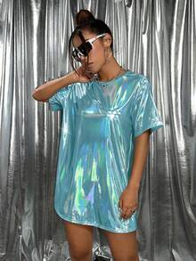 SHEIN ICON 女士圆领宽松超大偏光涂层 T 恤连衣裙 - 水鴨藍 - 查看 7