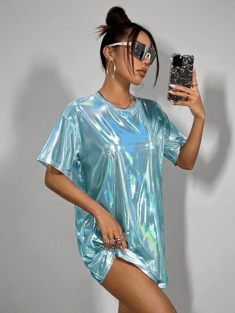 SHEIN ICON 女士圆领宽松超大偏光涂层 T 恤连衣裙 - 水鴨藍 - 查看 1