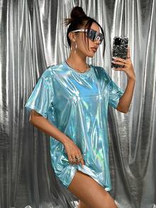 SHEIN ICON 女士圆领宽松超大偏光涂层 T 恤连衣裙 - 水鴨藍 - 查看 6