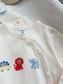SHEIN Vintaside Kids 3件組新生兒嬰兒男女通用包覆式連身衣套裝，可愛兔子印花側開扣長袖嬰兒連身衣 0-6M - 彩色 - 查看 6