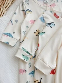 SHEIN Vintaside Kids 3件組新生兒嬰兒男女通用包覆式連身衣套裝，可愛兔子印花側開扣長袖嬰兒連身衣 0-6M - 彩色 - 查看 4