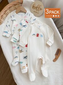SHEIN Vintaside Kids 3件組新生兒嬰兒男女通用包覆式連身衣套裝，可愛兔子印花側開扣長袖嬰兒連身衣 0-6M - 彩色 - 查看 1