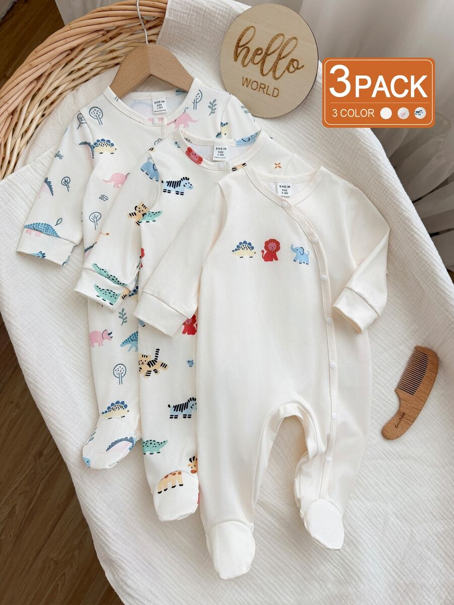 SHEIN Vintaside Kids 3件組新生兒嬰兒男女通用包覆式連身衣套裝，可愛兔子印花側開扣長袖嬰兒連身衣 0-6M - 彩色 - 查看 1