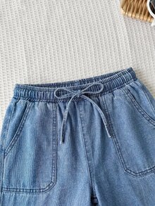 兒童青少年女孩抽繩腰休閒百搭牛仔長褲，適合日常穿著、萬聖節派對、節慶、秋冬季、畢業季，Y2K風格 - 藍色 - 查看 2