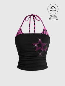 ROMWE J-Fashion Women's Shibuya Gal Y2K Rhinestone 2 In 1 Halter Neck Tie Strap Tank Top - Multicolor - View 1