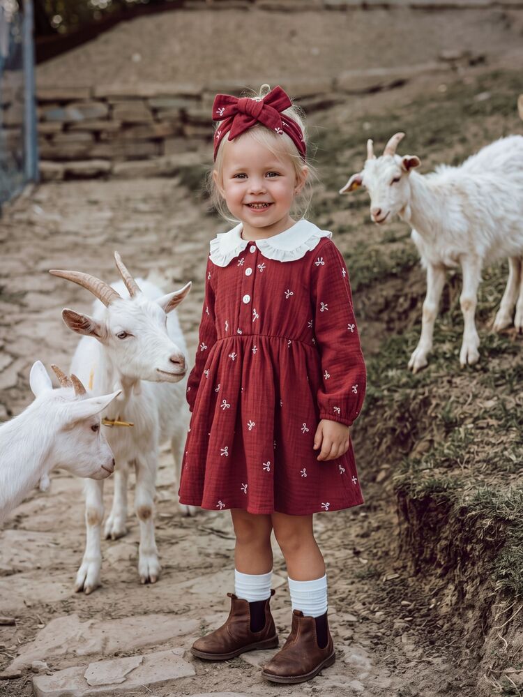 SHEIN 女嬰優雅小蝴蝶結彼得潘領荷葉邊翻領長袖襯衫洋裝，適合春秋外出、拍照、日常穿著與上學 - 紅色 - 查看 6