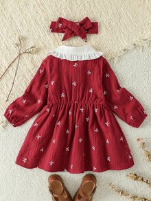 SHEIN Baby Girl Elegant Small Bow Peter Pan Collar Ruffle Turn-Down Collar Long Sleeve Shirt Dress, Suitable For Spring And Autumn Outings, Photography, Daily Wear And School - Red - View 5