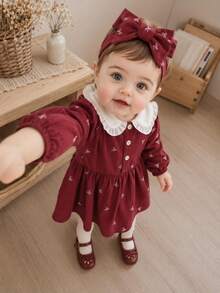 SHEIN Baby Girl Elegant Small Bow Peter Pan Collar Ruffle Turn-Down Collar Long Sleeve Shirt Dress, Suitable For Spring And Autumn Outings, Photography, Daily Wear And School - Red - View 3