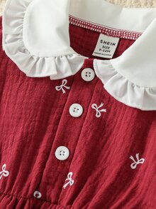 SHEIN Baby Girl Elegant Small Bow Peter Pan Collar Ruffle Turn-Down Collar Long Sleeve Shirt Dress, Suitable For Spring And Autumn Outings, Photography, Daily Wear And School - Red - View 8