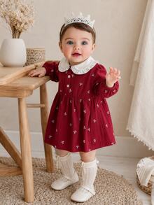 SHEIN Baby Girl Elegant Small Bow Peter Pan Collar Ruffle Turn-Down Collar Long Sleeve Shirt Dress, Suitable For Spring And Autumn Outings, Photography, Daily Wear And School - Red - View 2