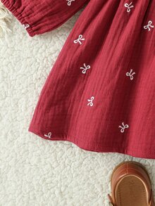 SHEIN Baby Girl Elegant Small Bow Peter Pan Collar Ruffle Turn-Down Collar Long Sleeve Shirt Dress, Suitable For Spring And Autumn Outings, Photography, Daily Wear And School - Red - View 9