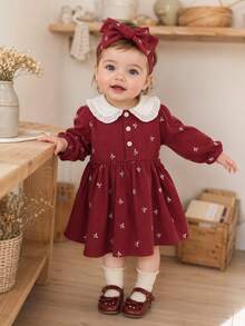 SHEIN Baby Girl Elegant Small Bow Peter Pan Collar Ruffle Turn-Down Collar Long Sleeve Shirt Dress, Suitable For Spring And Autumn Outings, Photography, Daily Wear And School - Red - View 1