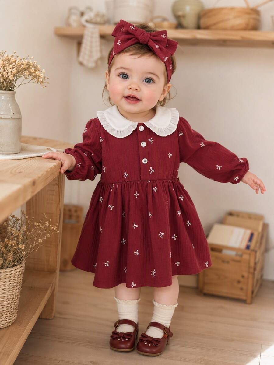 SHEIN Baby Girl Elegant Small Bow Peter Pan Collar Ruffle Turn-Down Collar Long Sleeve Shirt Dress, Suitable For Spring And Autumn Outings, Photography, Daily Wear And School - Red - View 1