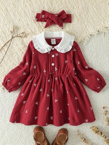 SHEIN Baby Girl Elegant Small Bow Peter Pan Collar Ruffle Turn-Down Collar Long Sleeve Shirt Dress, Suitable For Spring And Autumn Outings, Photography, Daily Wear And School - Red - View 4