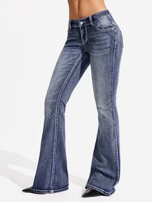 Flexra Tall Jeans Wanita Denim Biru Vintage Musim Gugur Pinggang Tinggi Flare Washed Nyaman dan Menawan untuk Pemakaian Harian - Medium Wash - View 6