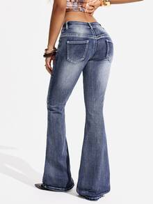 Flexra Tall Jeans Wanita Denim Biru Vintage Musim Gugur Pinggang Tinggi Flare Washed Nyaman dan Menawan untuk Pemakaian Harian - Medium Wash - View 2