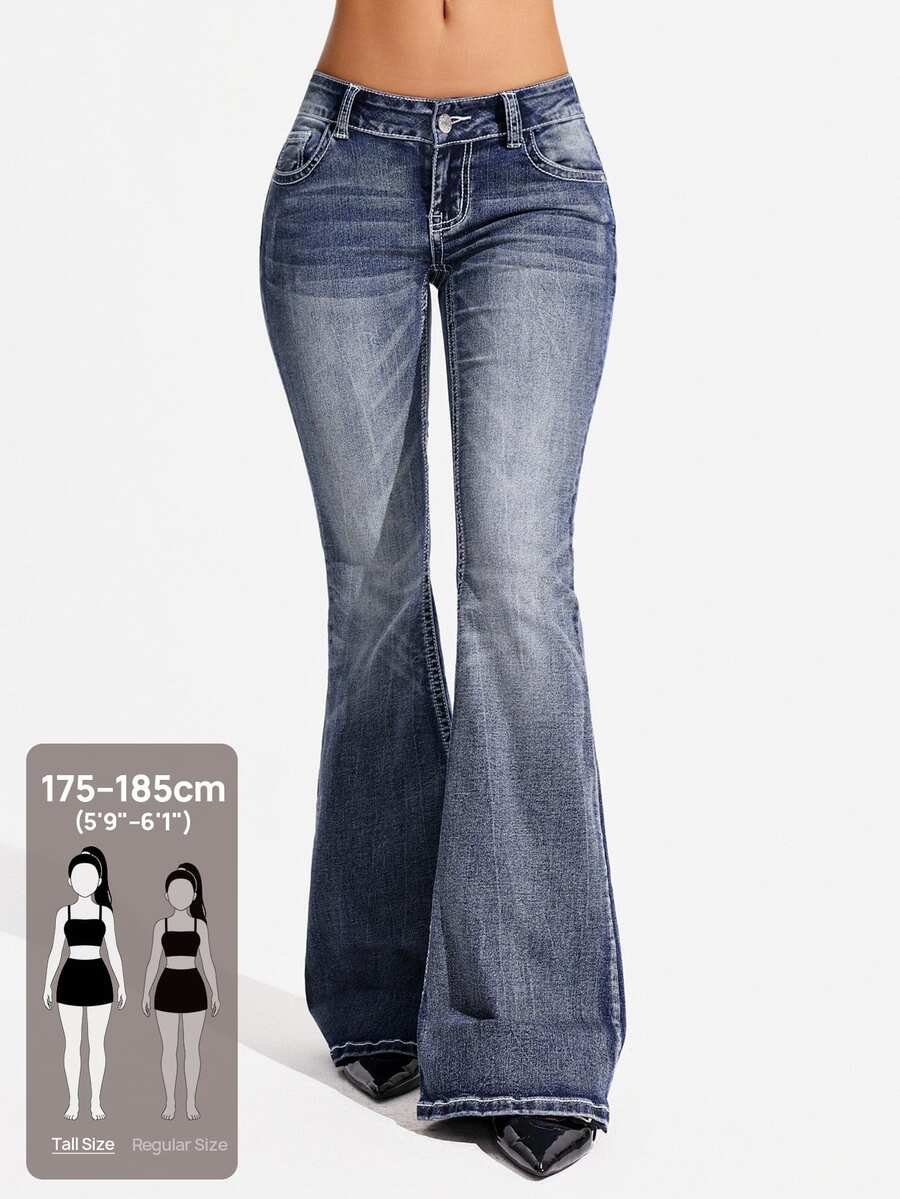 Flexra Tall Jeans Wanita Denim Biru Vintage Musim Gugur Pinggang Tinggi Flare Washed Nyaman dan Menawan untuk Pemakaian Harian - Medium Wash - View 1