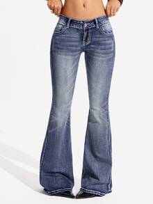 Flexra Tall Jeans Wanita Denim Biru Vintage Musim Gugur Pinggang Tinggi Flare Washed Nyaman dan Menawan untuk Pemakaian Harian - Medium Wash - View 4