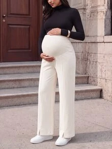 Momance-D Women's Khaki Maternity Long Pants With Adjustable Waist And Split Hem - Apricot - View 1