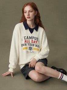 Elnivra Fashionable Women's Beige & Navy Blue Colorblock Collared Casual Pullover Top - Apricot - View 5