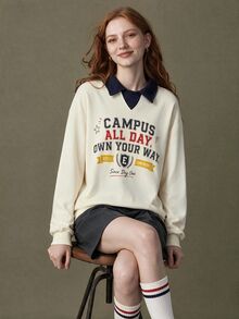 Elnivra Fashionable Women's Beige & Navy Blue Colorblock Collared Casual Pullover Top - Apricot - View 6