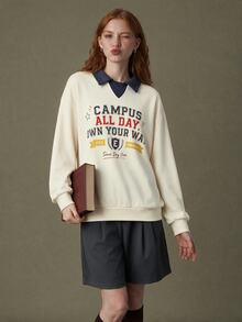 Elnivra Fashionable Women's Beige & Navy Blue Colorblock Collared Casual Pullover Top - Apricot - View 7