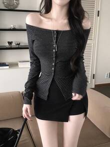 DAZY 女款露肩條紋長袖T恤 外出上衣 秋季 - 深灰色 - 查看 5