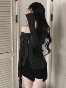 DAZY 女款露肩條紋長袖T恤 外出上衣 秋季 - 深灰色 - 查看 2